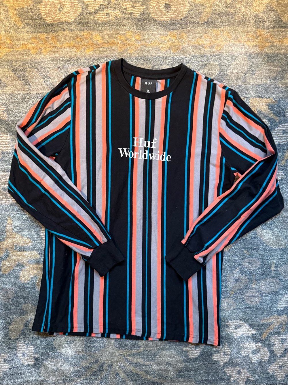 HUF Striped Long Sleeve Tee in Black, Coral & Teal